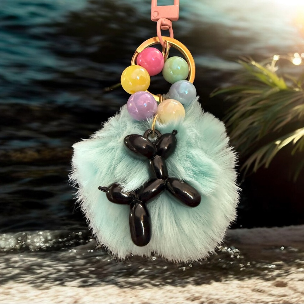 Mint Green Fur Key Holder with Black Balloon Dog Charm